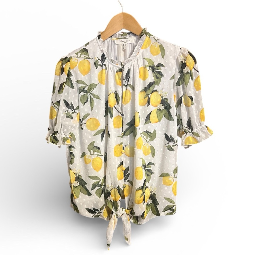 Haver & Blair Tie‎ Front Ruffle Sleeve Lemon Floral Blouse Size Large